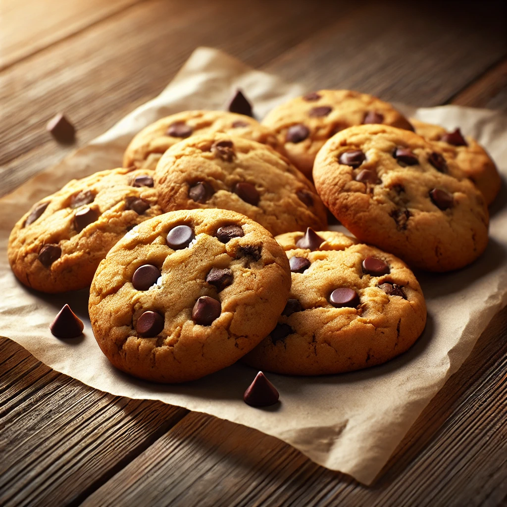 Placed on a table, a collection of chocolate chip cookies resting on parchment paper.