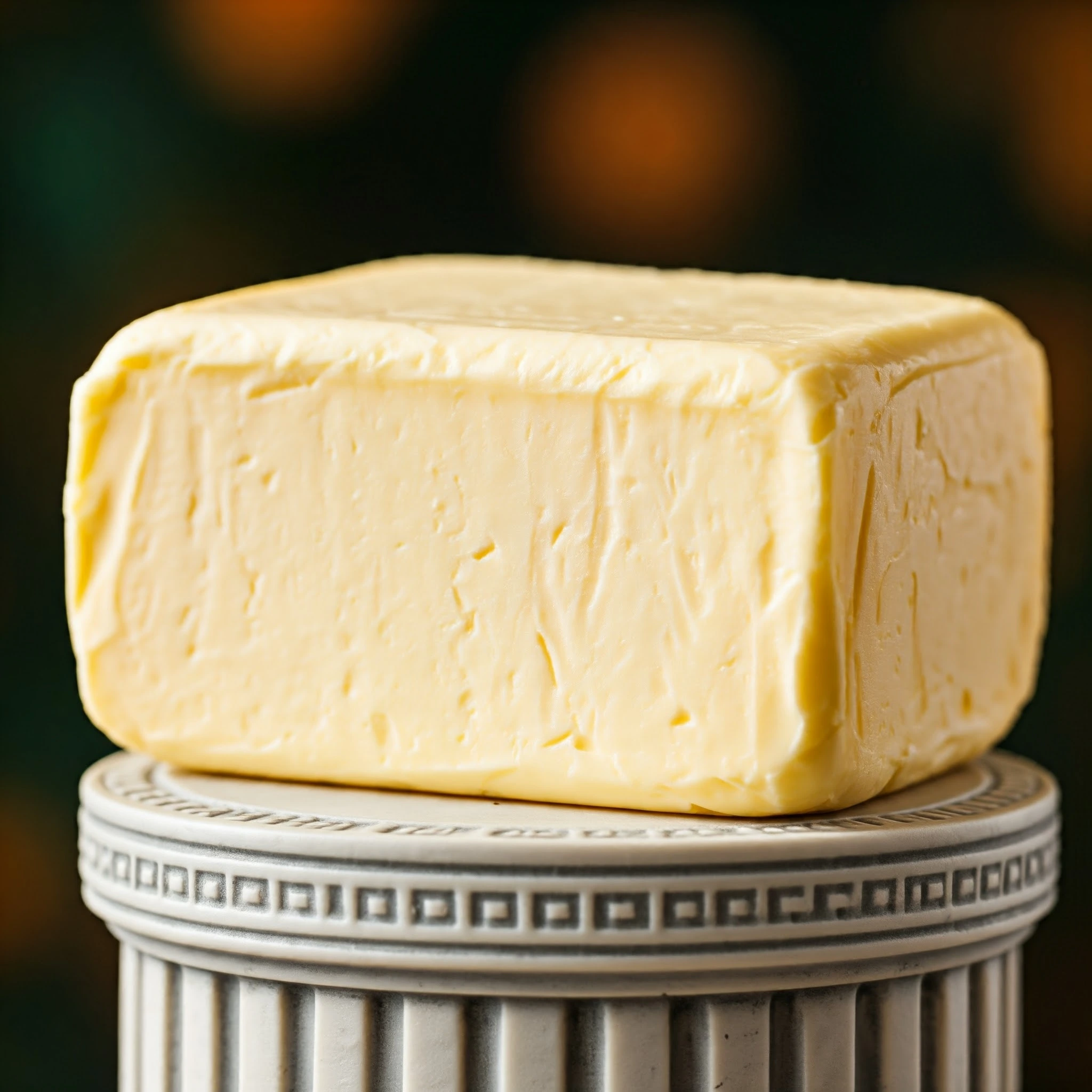 A big block of butter is sitting on top of an antique pedestal.