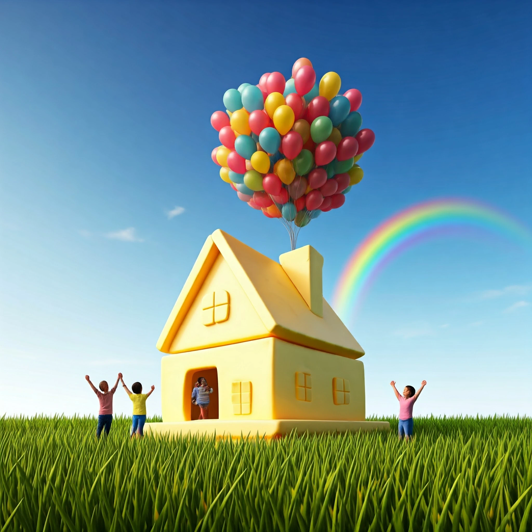 In a summery day with a rainbow in the background, a house made of butter stands upon a grassy field; Around it, four people lifting their arms in joy. Out of the chimney is a erected a group of colorful balloons.